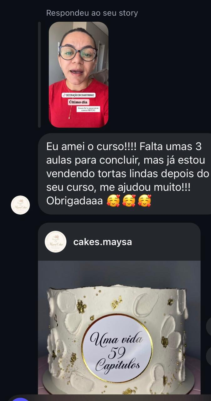 Print de mensagem de aluna mostrando o bolo com chantininho feito após o treinamento